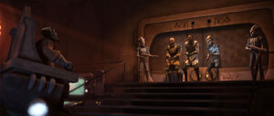 An enslaved Rex and Obi-Wan Kenobi are brought before Keeper Agruss at the Kadavo facility.