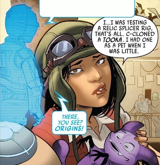 Chelli Aphra (center) holding one of the Flufto clones as she tells 0-0-0 (left) about the pet tooka she had as a child