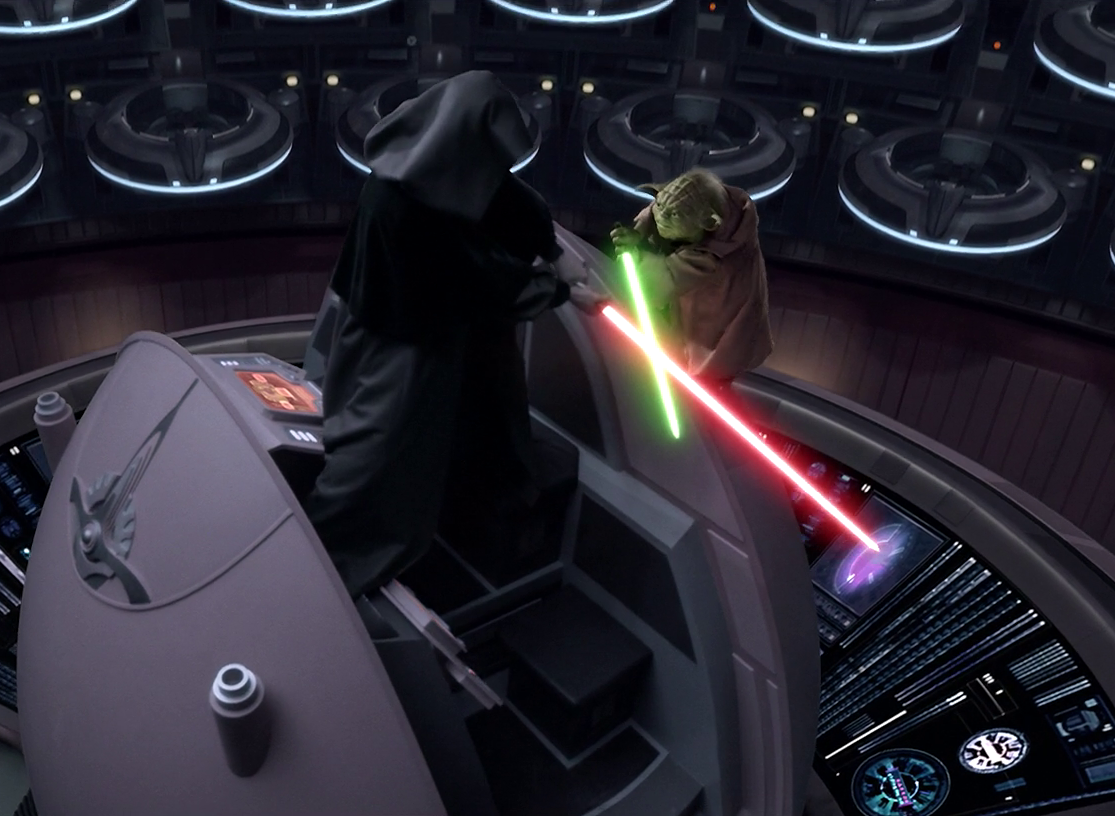 Sidious duels Yoda using his remaining lightsaber.