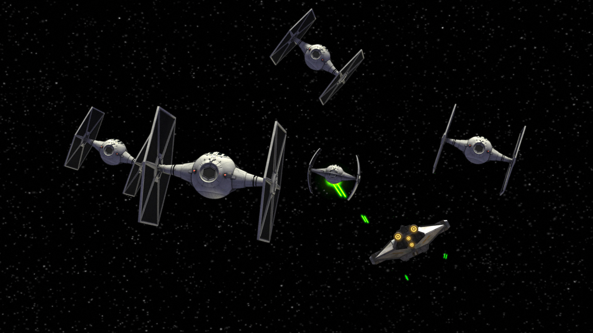 The Ghost crew fights its way off of Lothal, with several TIE fighters in pursuit.