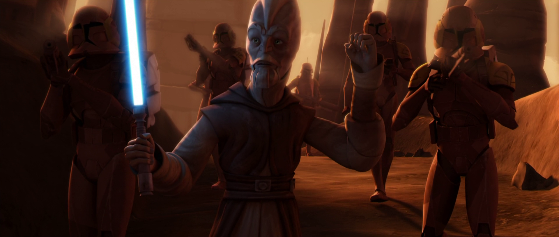 Ki-Adi-Mundi fighting beside special ops clone troopers on Geonosis