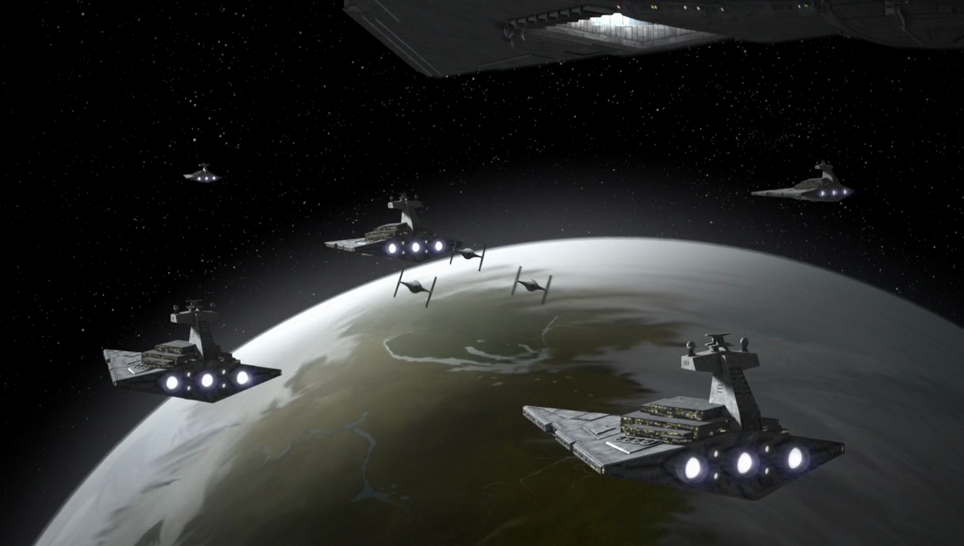 The Lothal sector fleet in orbit above Lothal.