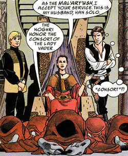 Lady Leia Organa surrounded by Luke Skywalker, Han Solo and several Noghri.
