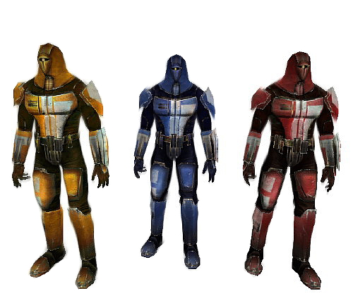 Three sets of Neo-Crusader armor, each suit designating a different rank.