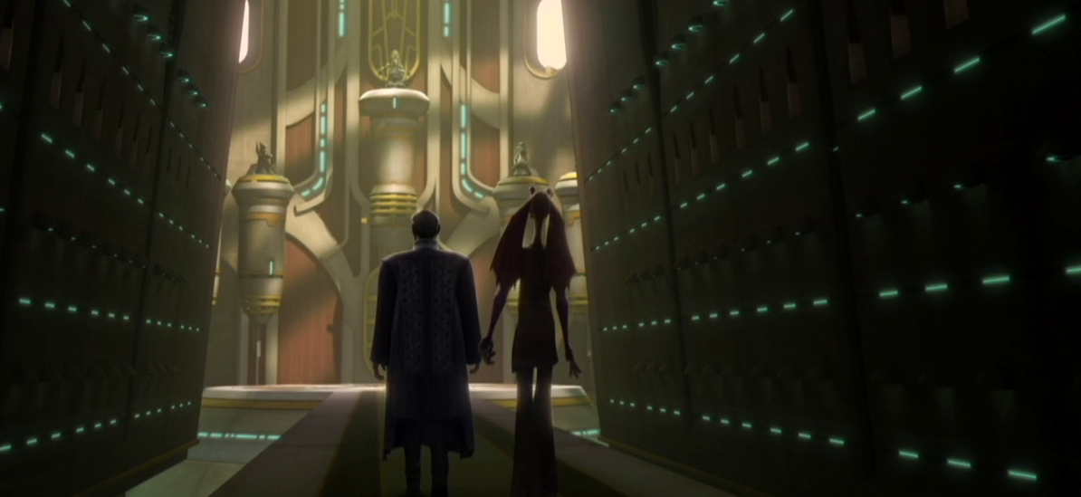 Organa and Binks approach the throne room of King Katuunko.