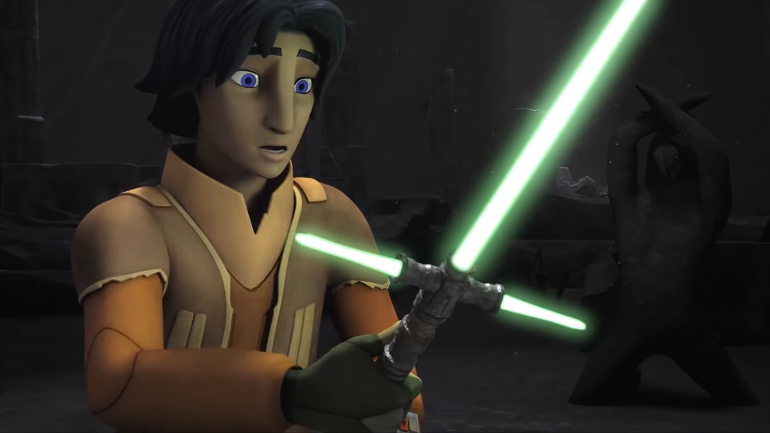 Ezra discovers an ancient Jedi crossguard lightsaber on Malachor