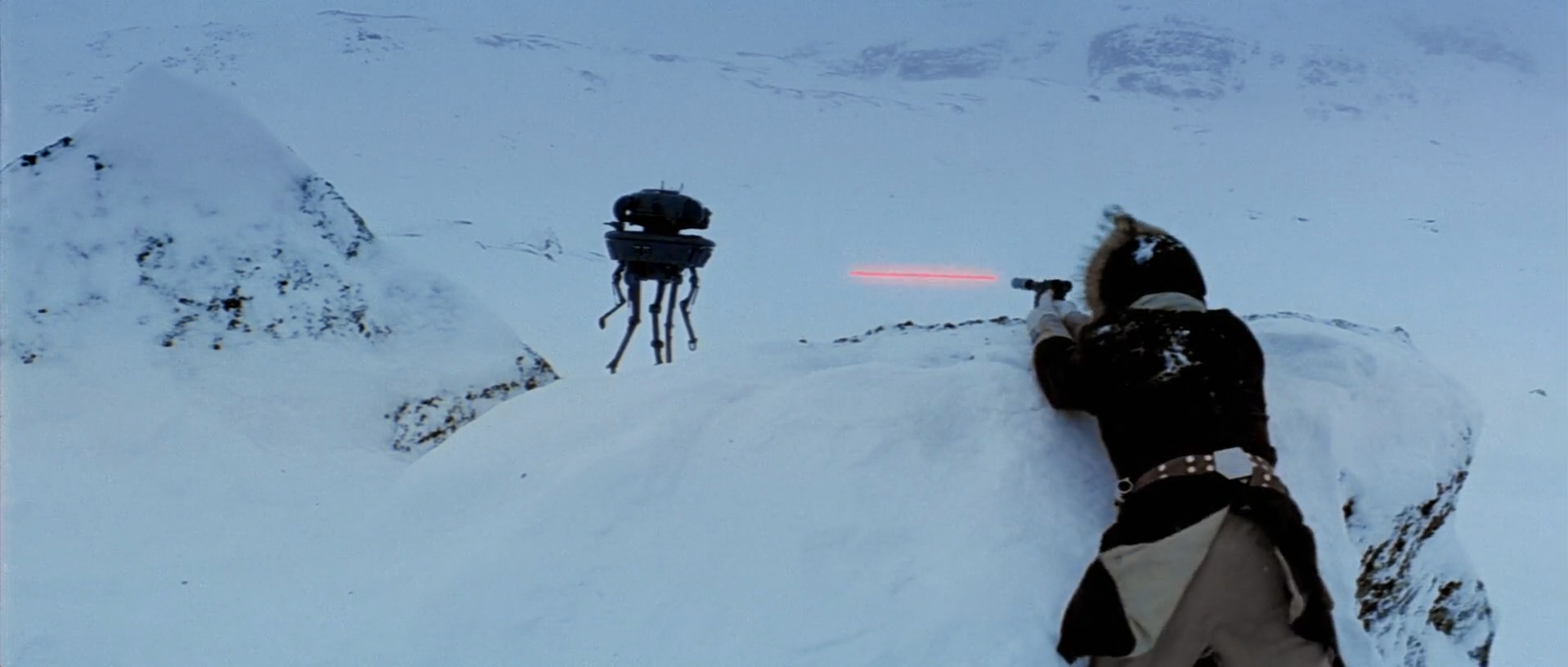 Han firing at an Imperial probe droid on Hoth.