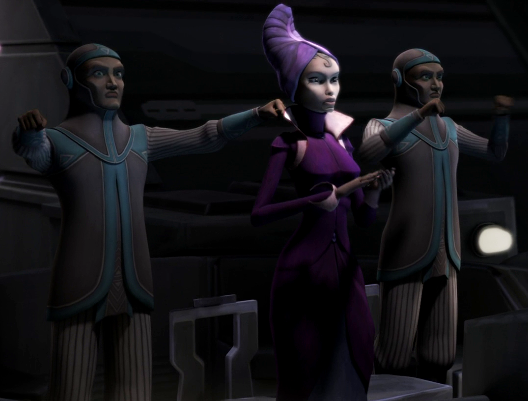 Robb and her aides applaud Padmé Amidala's speech calling for reduced military spending.