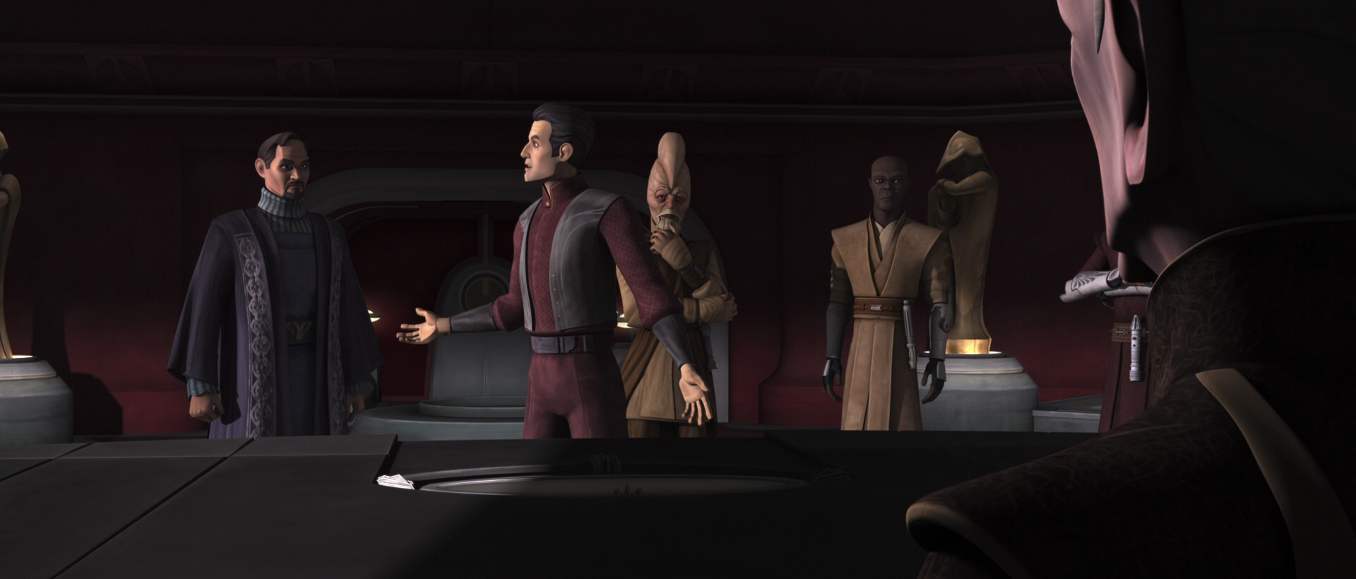 Rush Clovis tells Organa, Chancellor Palpatine, and members of the Jedi Order that he wants to take over the Banking Clan.