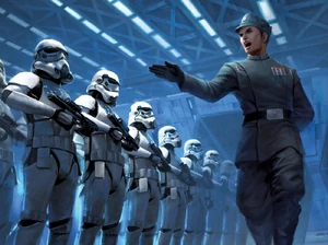 Members of a stormtrooper garrison stand in formation before an officer
