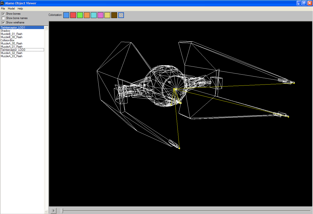 A wireframe TIE Interceptor from the fan-made ALO viewer