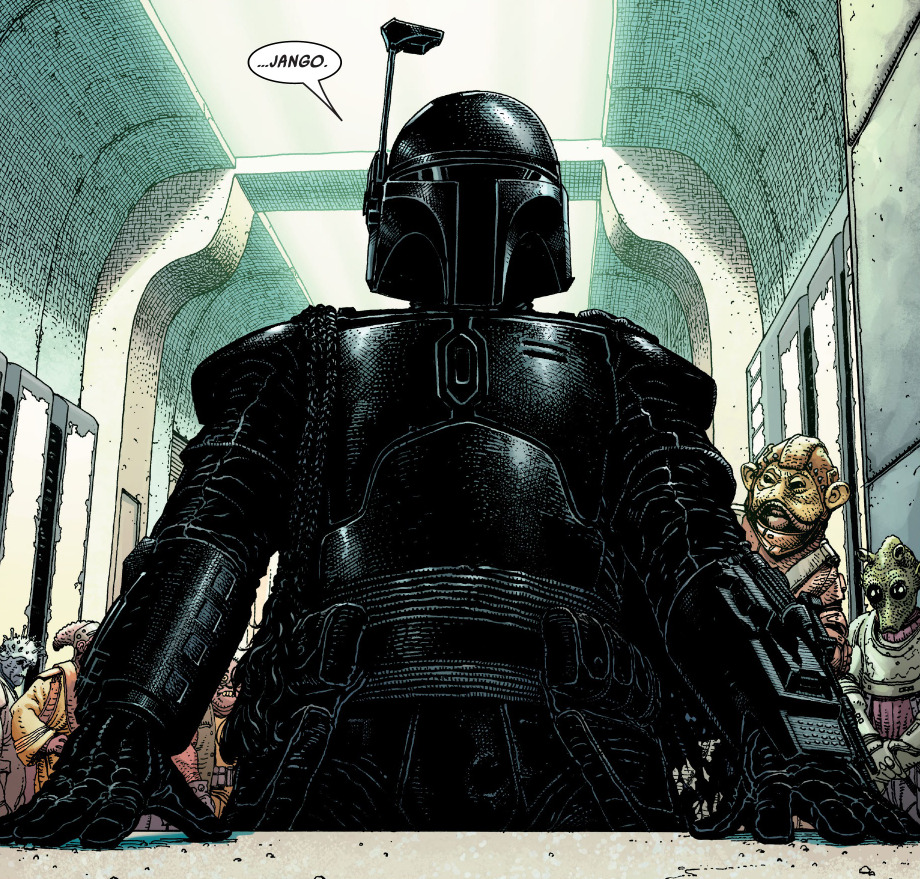 Boba Fett paints his armor black and enters an arena under his father's name to avoid the eyes of the Kanji Criminal Enterprise.