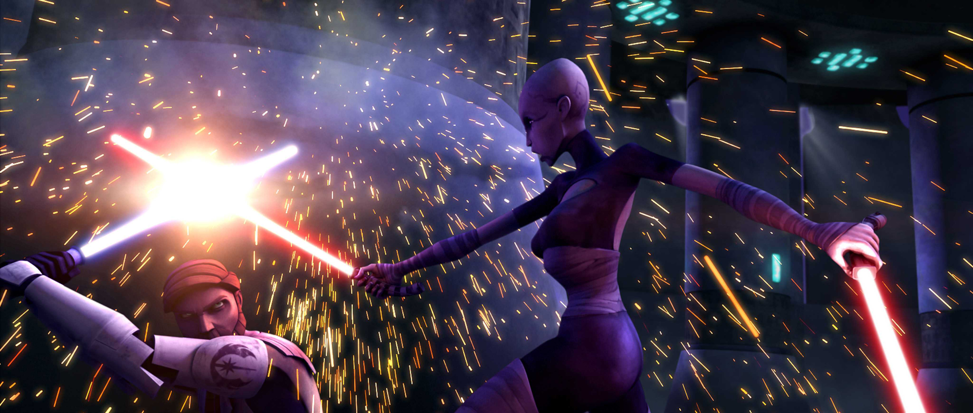 Ventress assaults Master Kenobi in the Teth monastery.