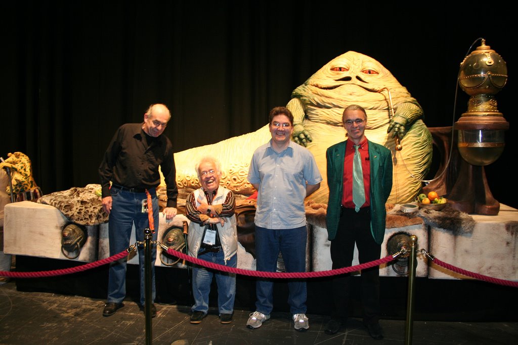 Jabba the Hutt sculptor John Coppinger with Jabba puppeteers Mike Edmonds, David Barclay and Toby Philpott at Celebration Europe.