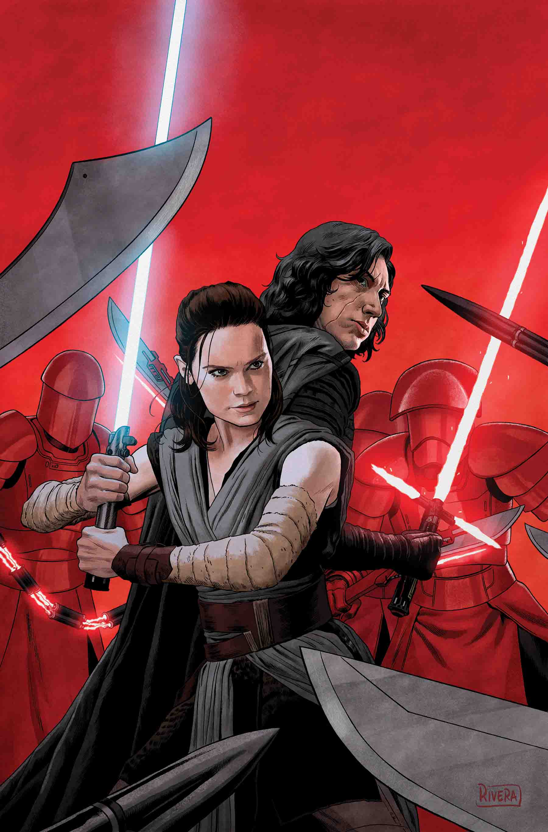 Rey and Kylo Ren, a dyad in the Force, both use lightsabers in combat.