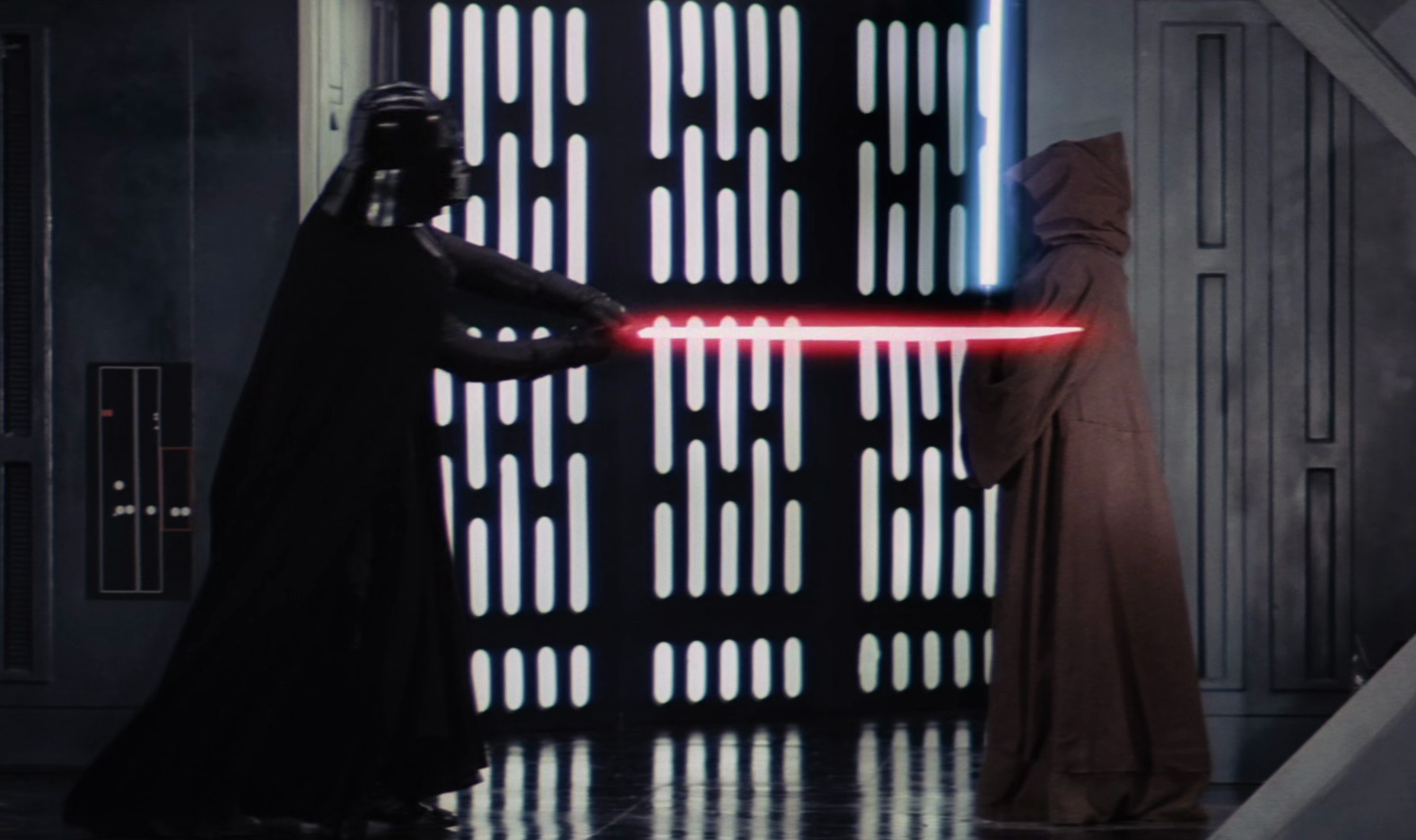 Vader strikes down his former master and friend, Kenobi.