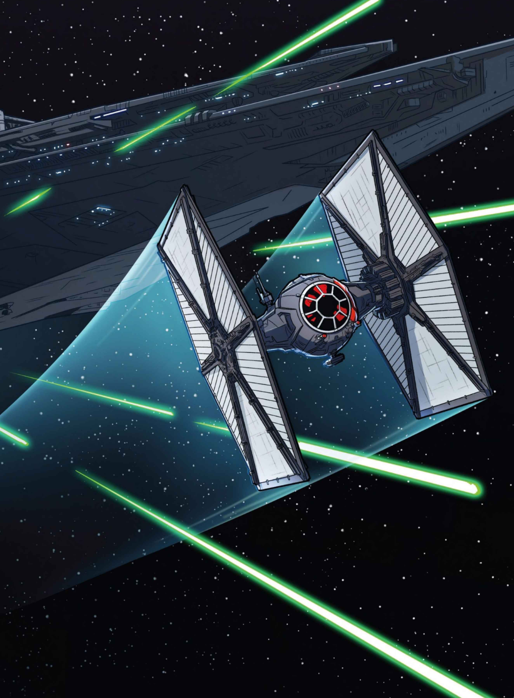 Finn and Poe Dameron's stolen TIE fighter flees from the Finalizer