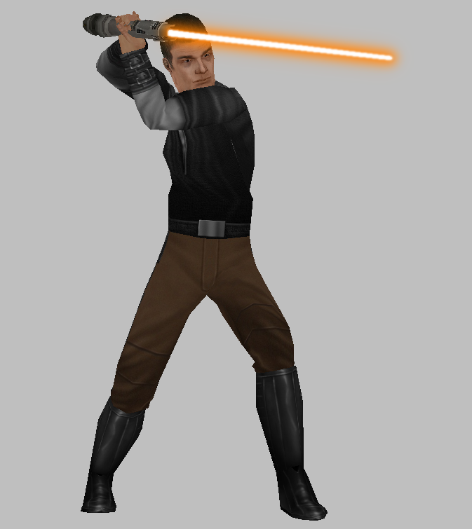 The Jedi student wields his lightsaber.