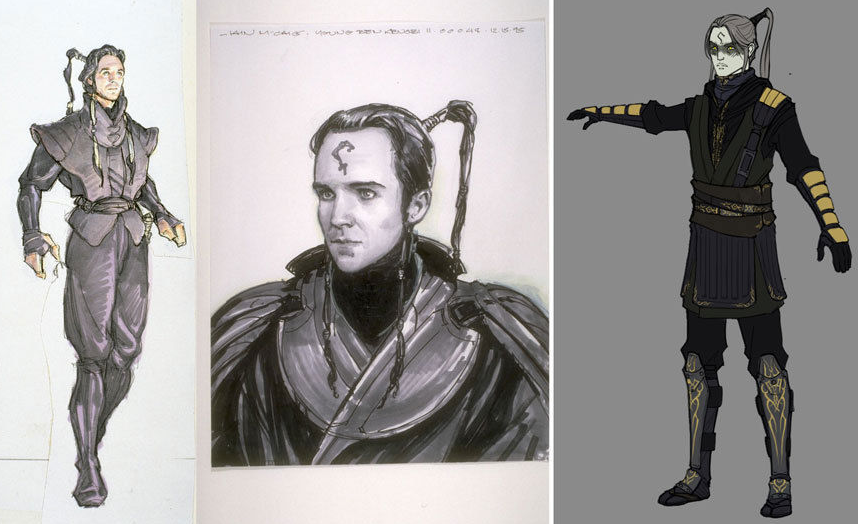 Krismo Sodi's look was influenced by Iain McCaig's concept art for Obi-Wan Kenobi in The Phantom Menace.