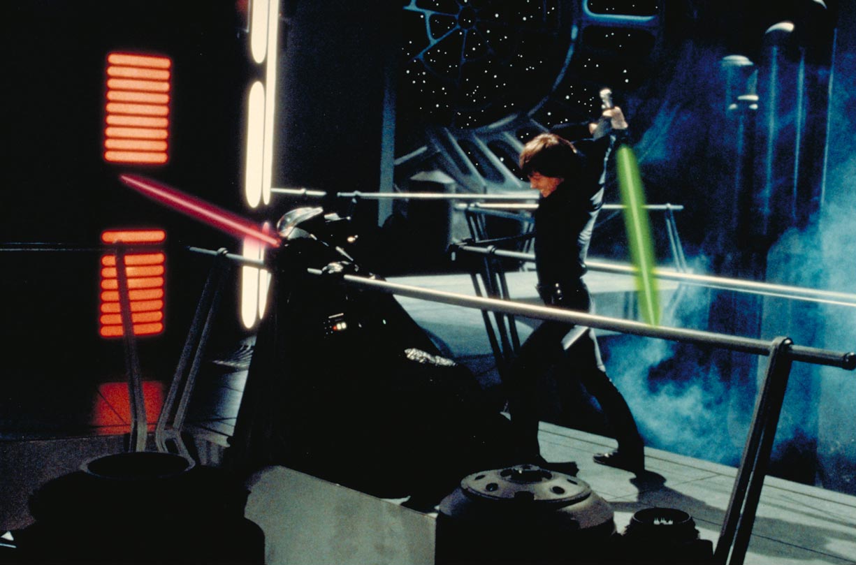 Luke Skywalker wielding his lightsaber during his rematch with Darth Vader.