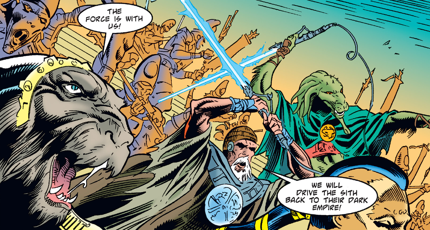 Memit Nadill fights Sith warriors alongside his fellow Jedi.