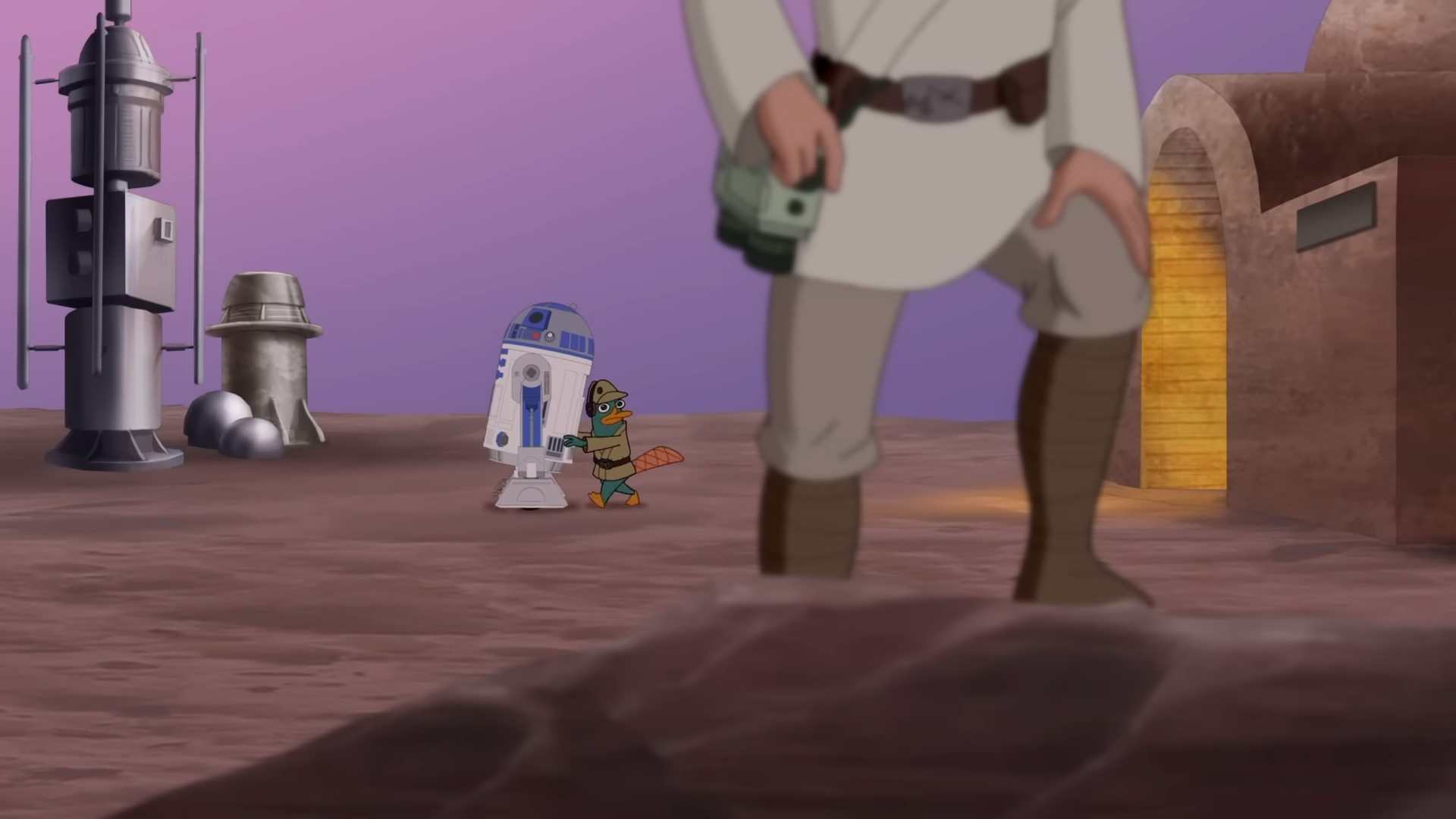 Perry pushes R2-D2 out as Luke Skywalker stares wistfully at the horizon.