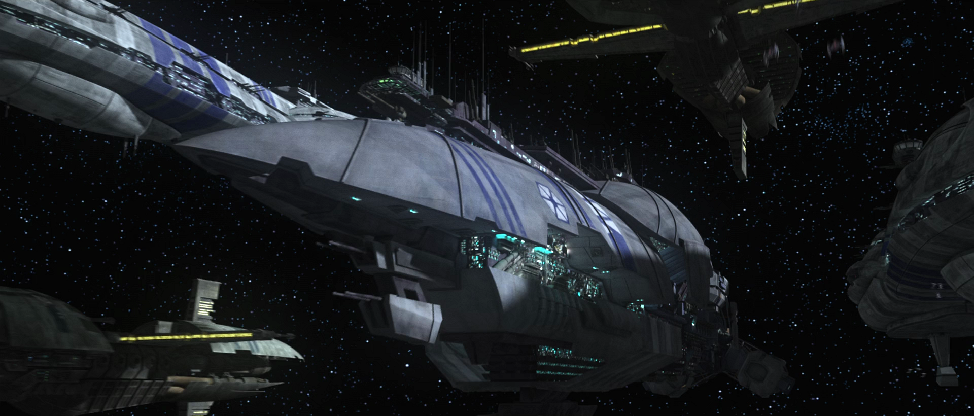 Animation of the Separatist fleet exiting hyperspace was reused for the episode "Aftermath."