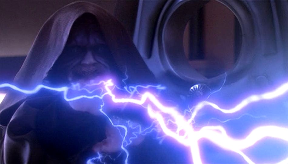 Sidious unleashes a barrage of Force lightning at Yoda.