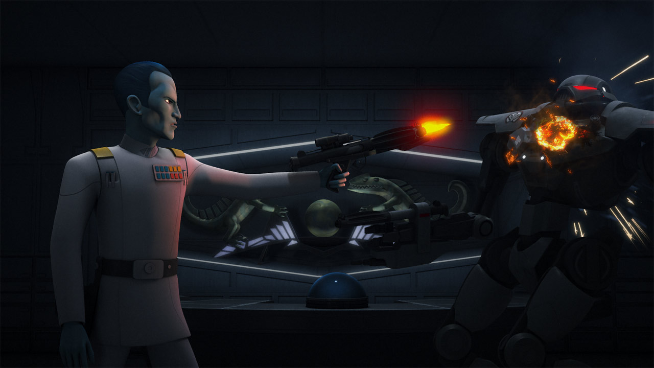 Thrawn fighting rogue sentry droids