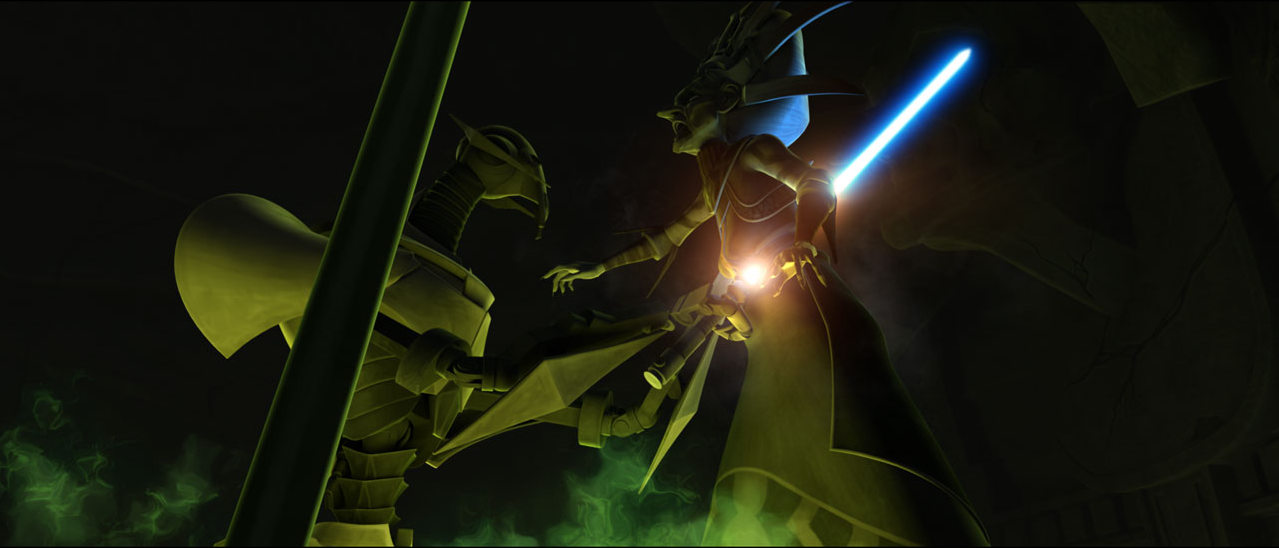 General Grievous driving one of his lightsabers into Daka's chest, wounding her.