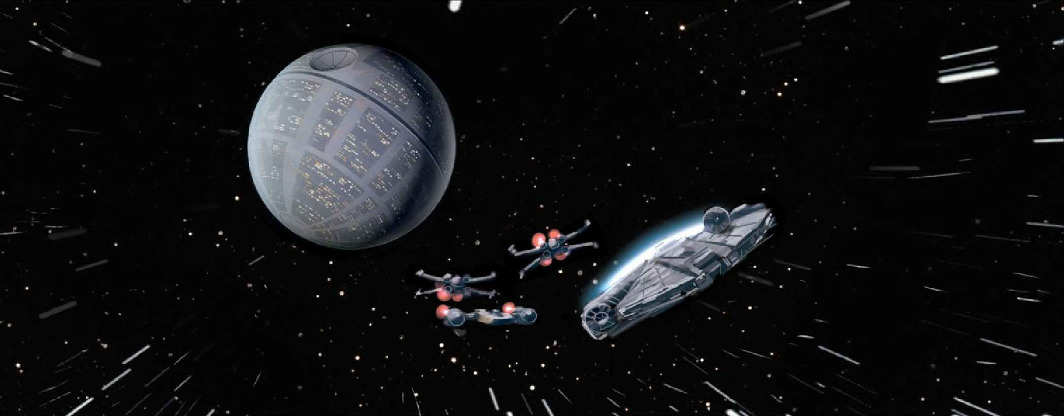 The Millennium Falcon escapes from the soon-to-explode Death Star after helping Luke Skywalker make his final shot.