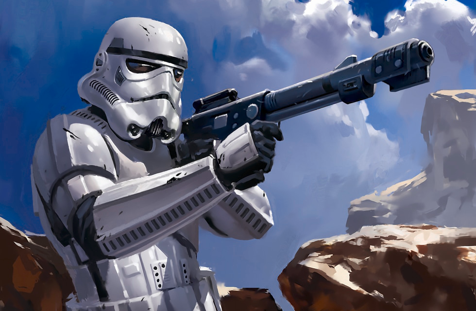 A stormtrooper wielding a T-7 ion disruptor rifle.