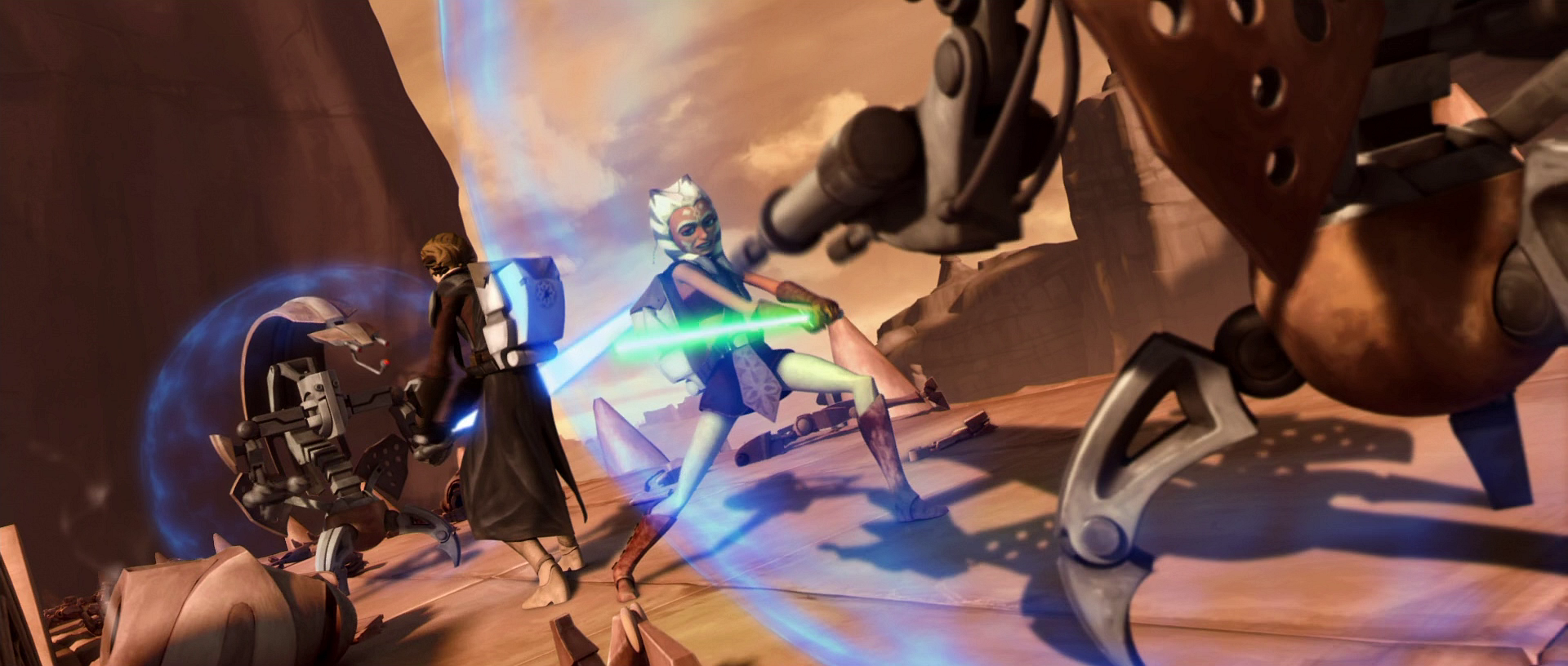 Ahsoka and Anakin stand back-to-back against a pair of droidekas during the Second Battle of Geonosis