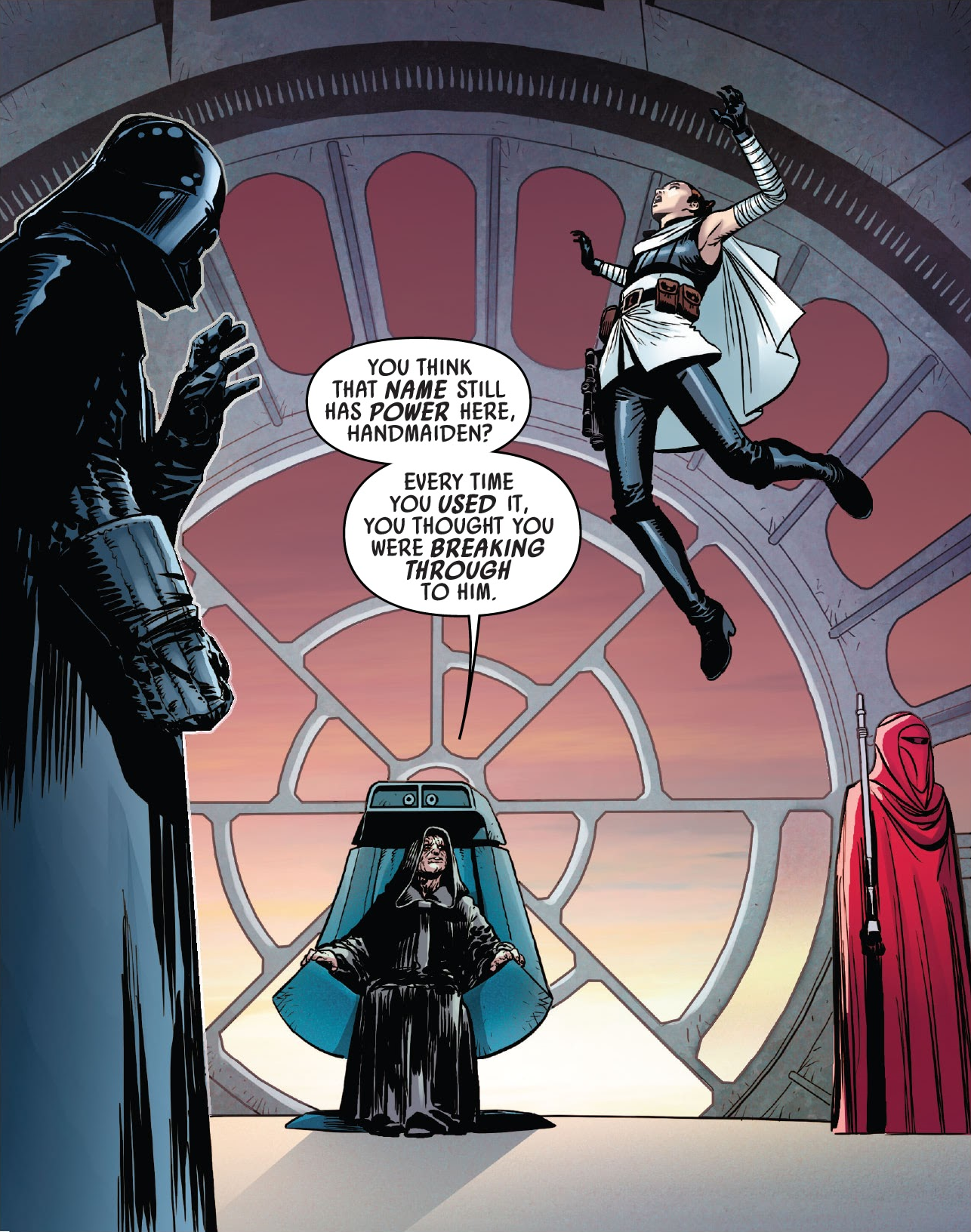 Darth Vader pushes Sabé forward to force her to give into combat against the Royal Guard.