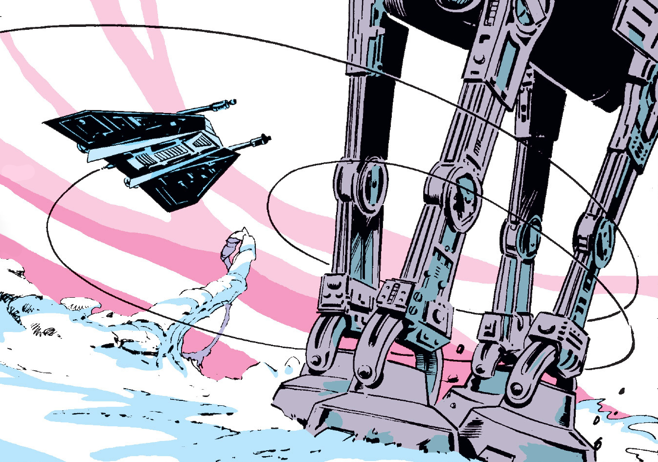 As a testament to Chiffonage's developed tactics, a snowspeeder uses a tow cable to entangle the legs of an AT-AT on Hoth.