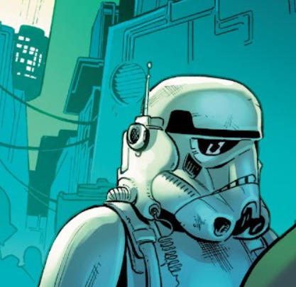 A stormtrooper using an extended communications unit attached to the helmet