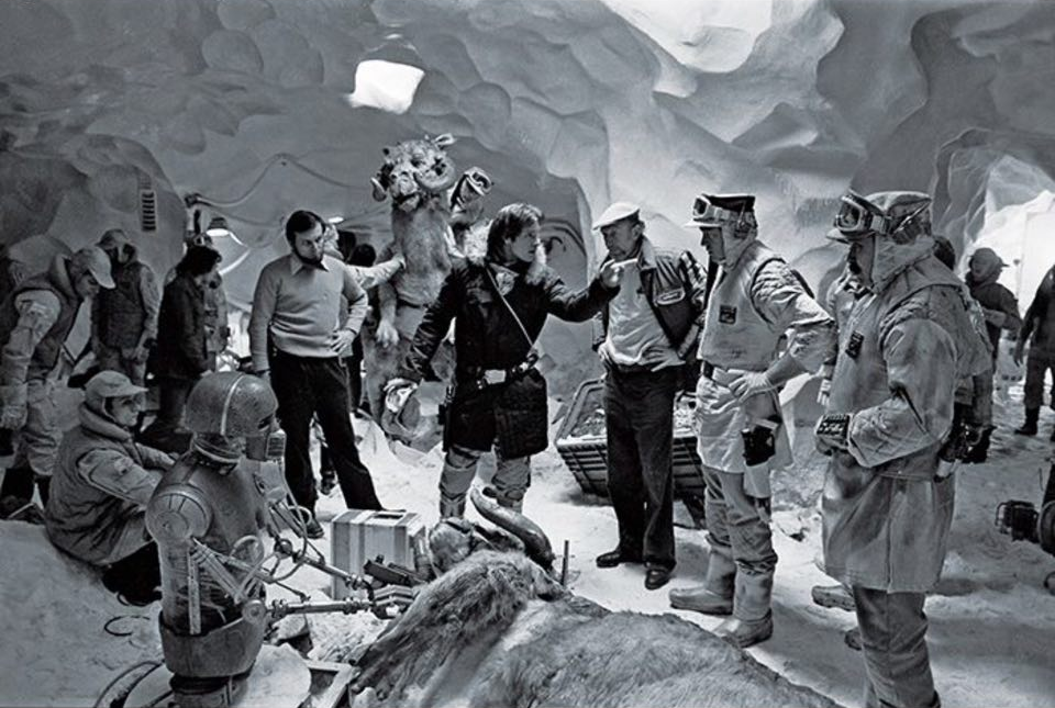 Harrison Ford (Han Solo) rehearses a scene from The Empire Strikes Back with Jeroen Webb actor Norwich Duff.