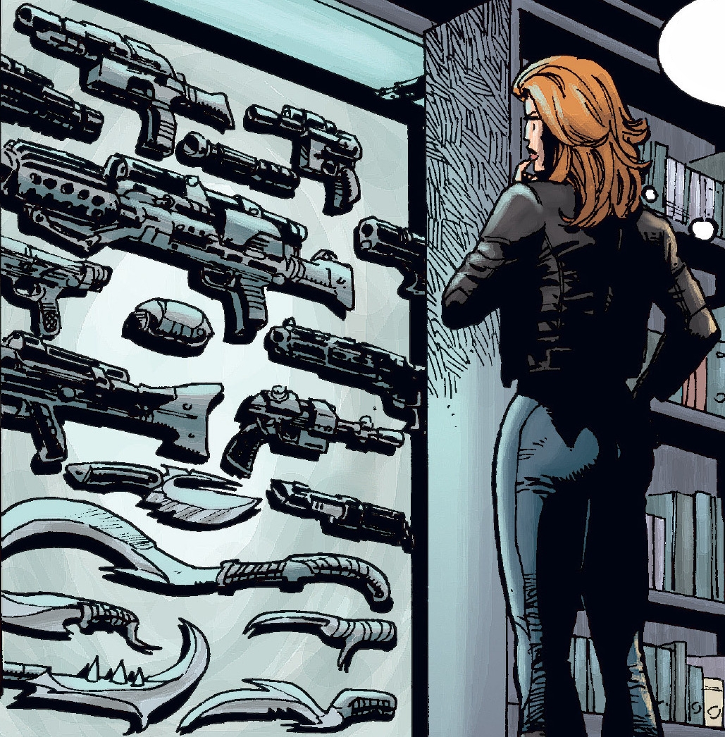 Assassin Mara Jade eyes her arsenal of weapons, among them a wrist-mounted lanvarok