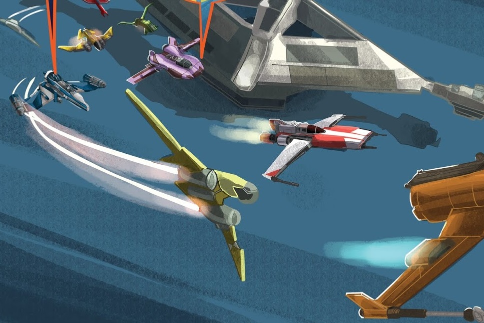 The racer (upper left) was flown by Kazuda Xiono during the All Aces Battle Royale.