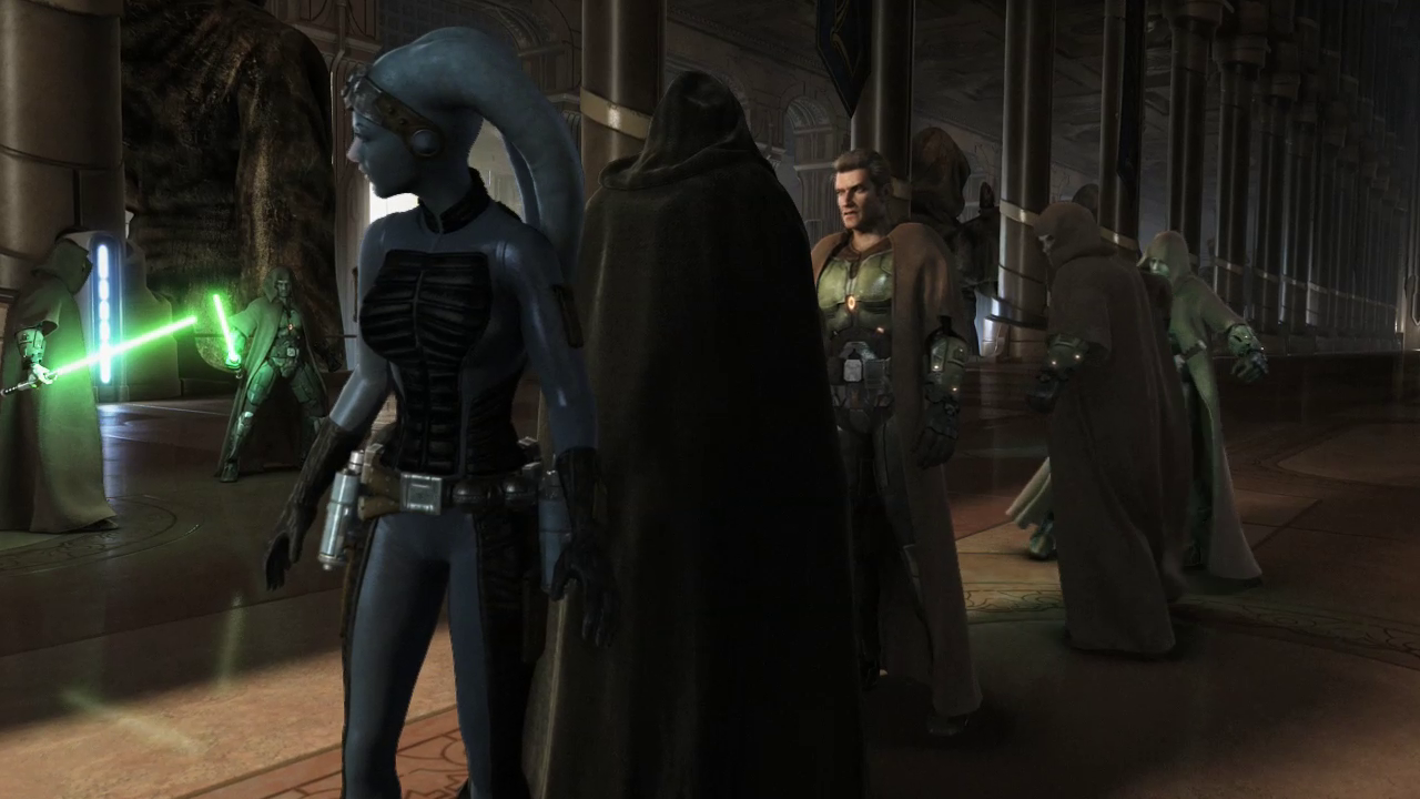 Eleena covers Malgus as they are surrounded by Jedi.