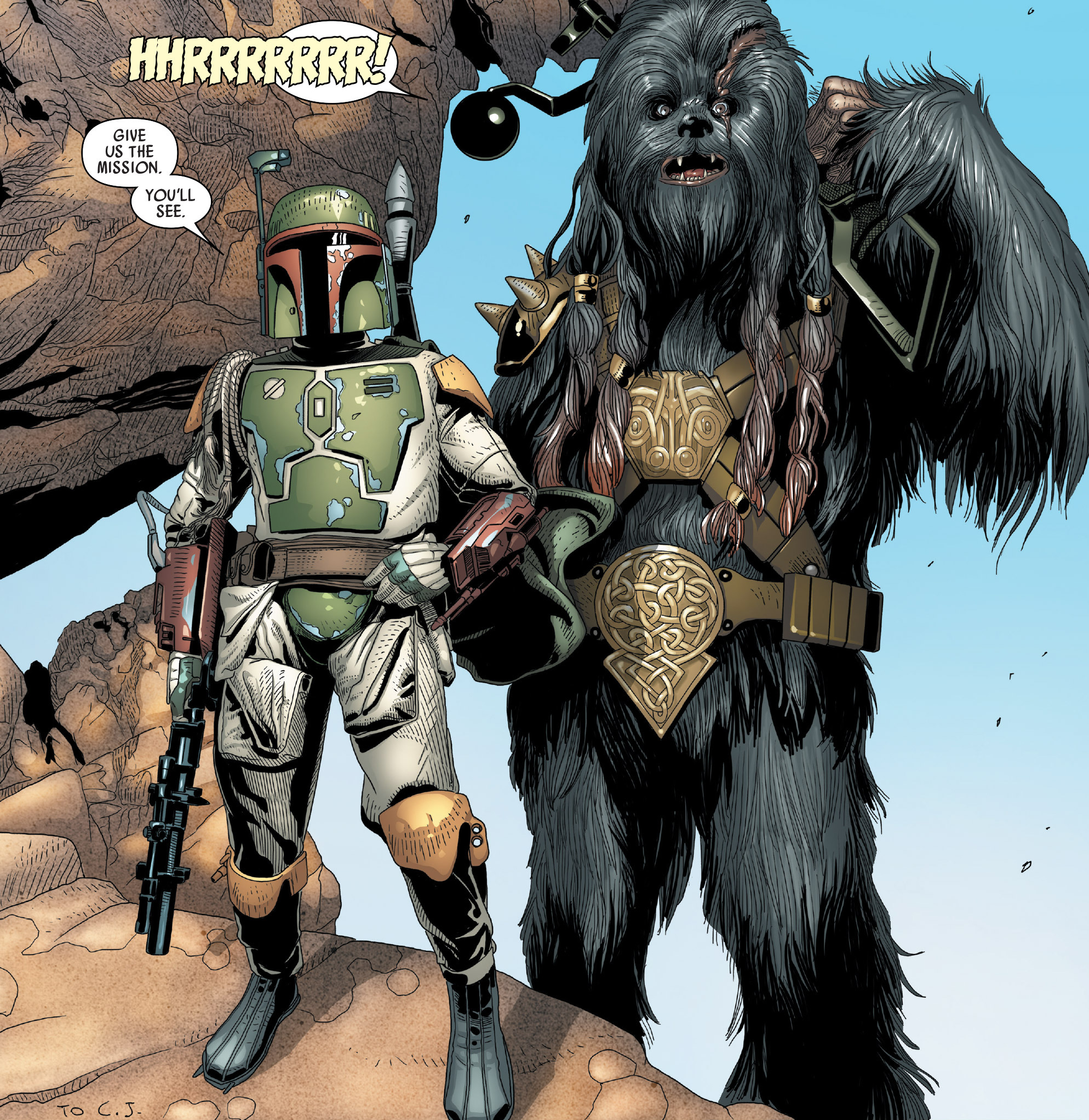 Fett and Black Krrsantan meet Vader in the desert.