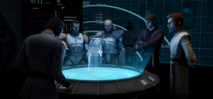 Rex and Cody join Anakin Skywalker and Obi-Wan Kenobi in examining the intercepted transmission.