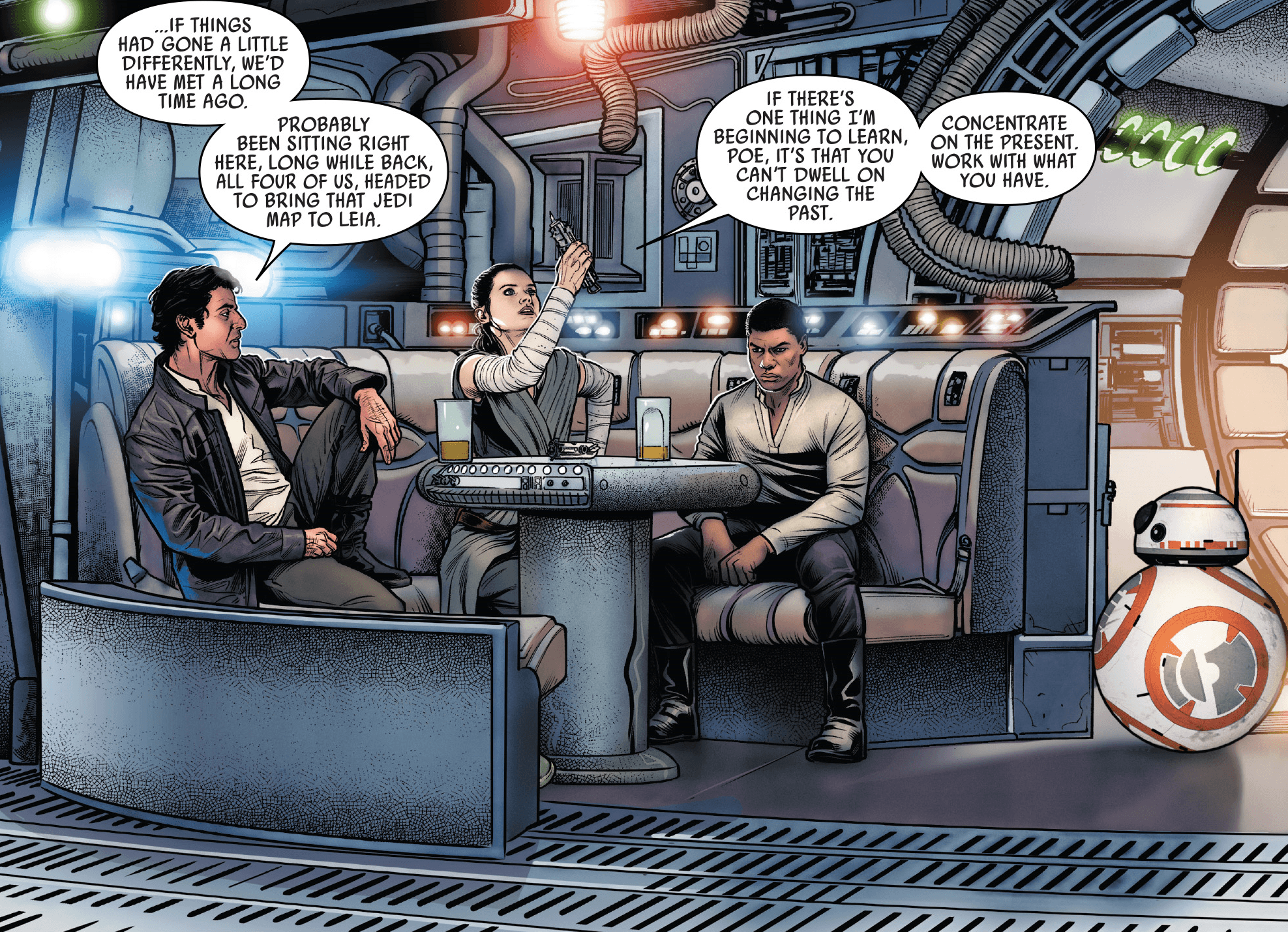 Among the remaining Resistance members on the Millennium Falcon included Poe Dameron, Rey, Finn, and BB-8.