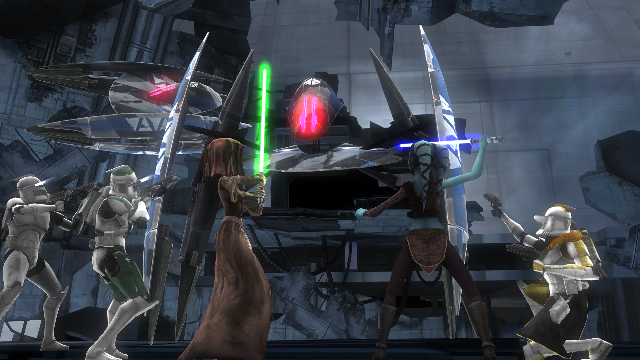 A jet trooper fights beside Commander Gree, Generals Unduli and Secura and Commander Bly.