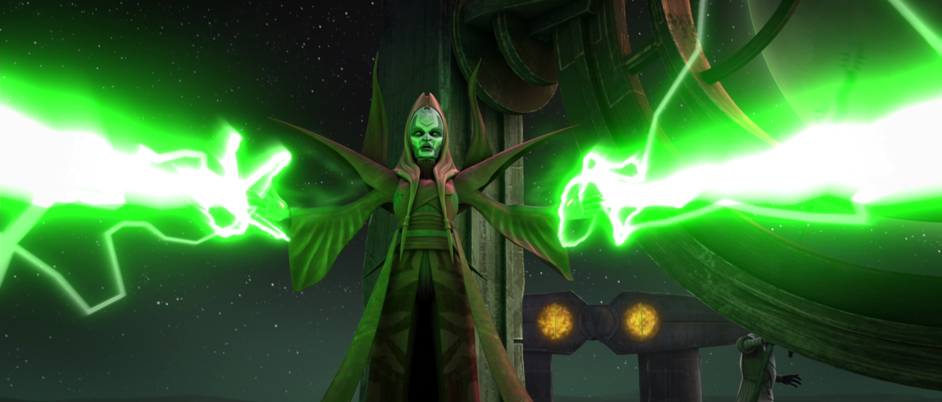 Talzin utilizes a form of Force lightning against Mace Windu.