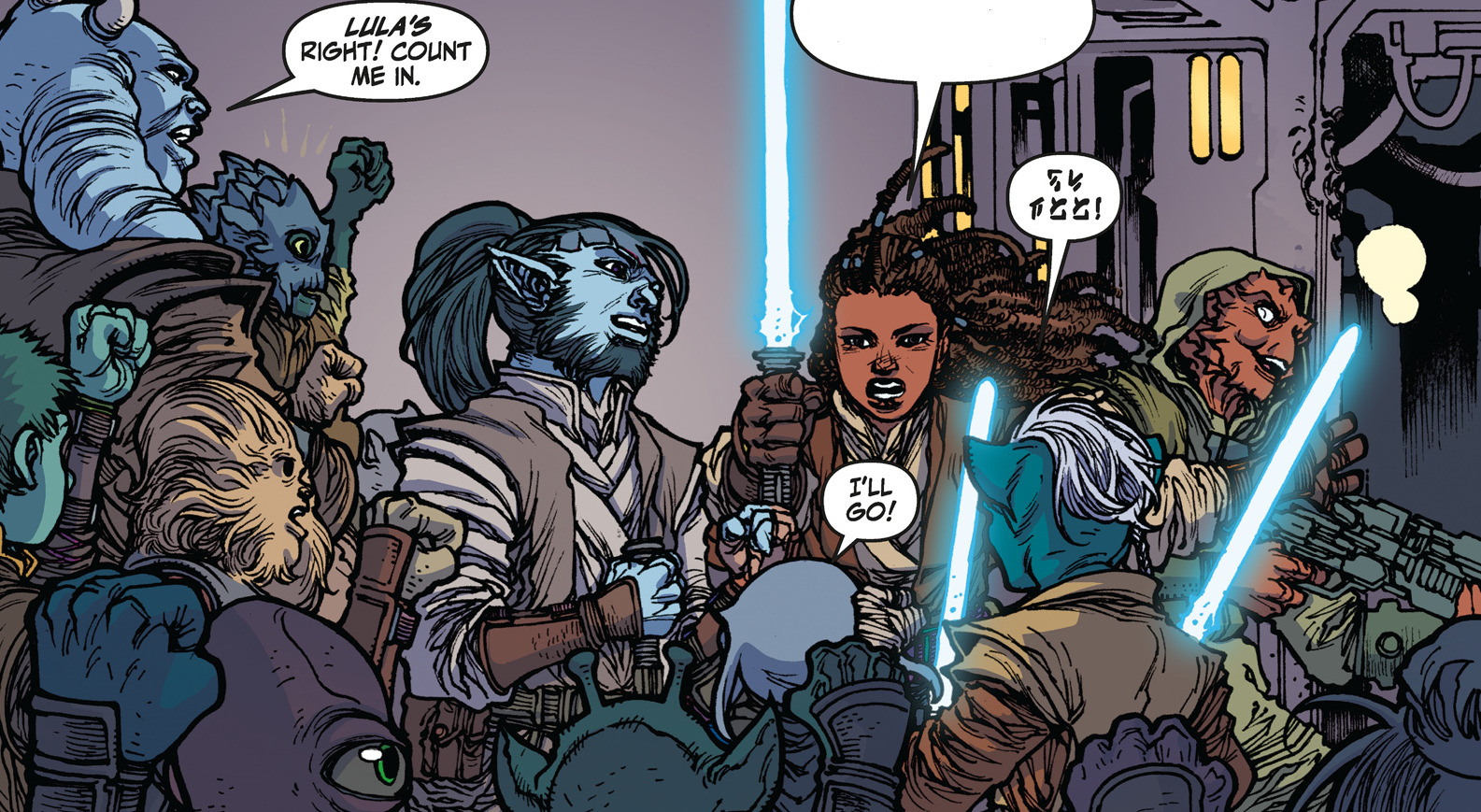 Zint raising her hand to agree with Lula Talisola's idea of escorting the younglings to the Jedi quarter