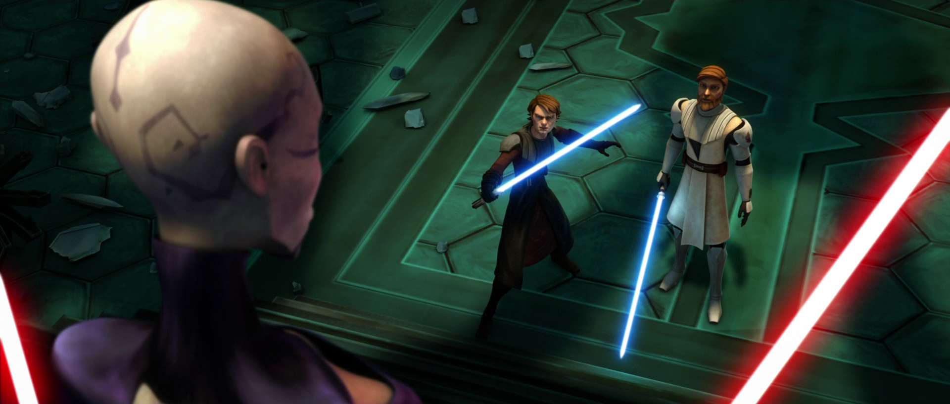 Asajj Ventress squares off with Kenobi and Skywalker on Christophsis.