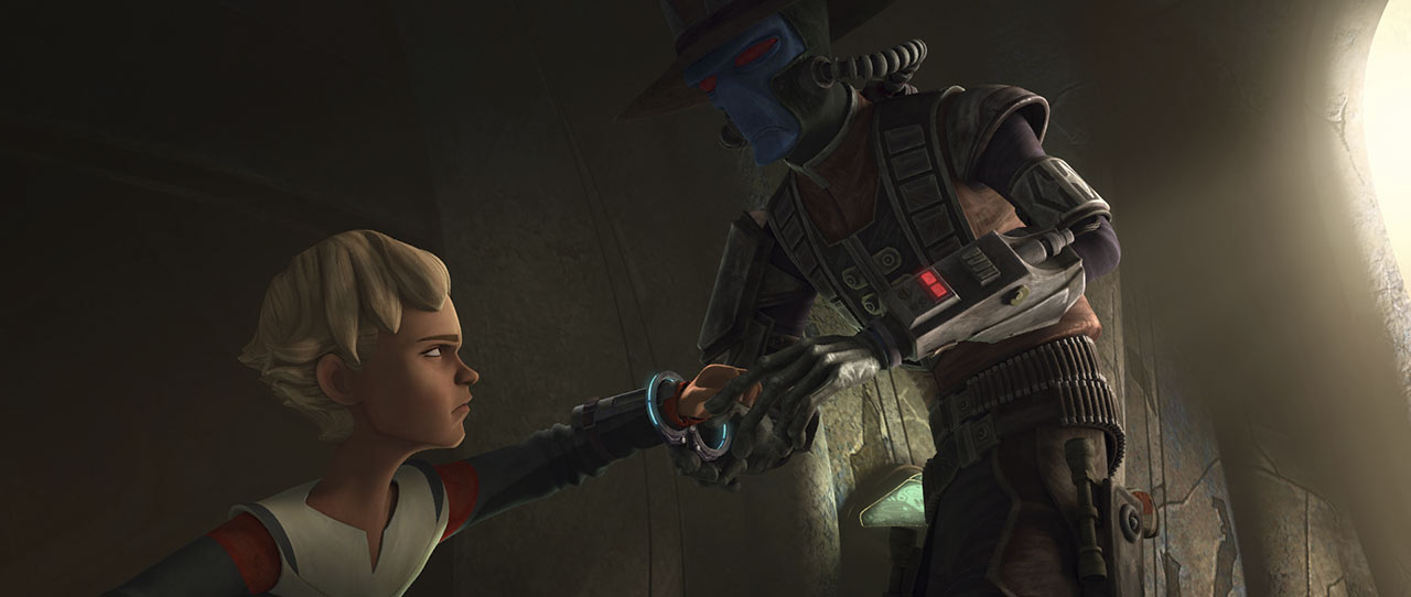 Cad Bane drags Omega in cuffs