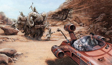 Skywalker and Darklighter fleeing Tusken Raiders.