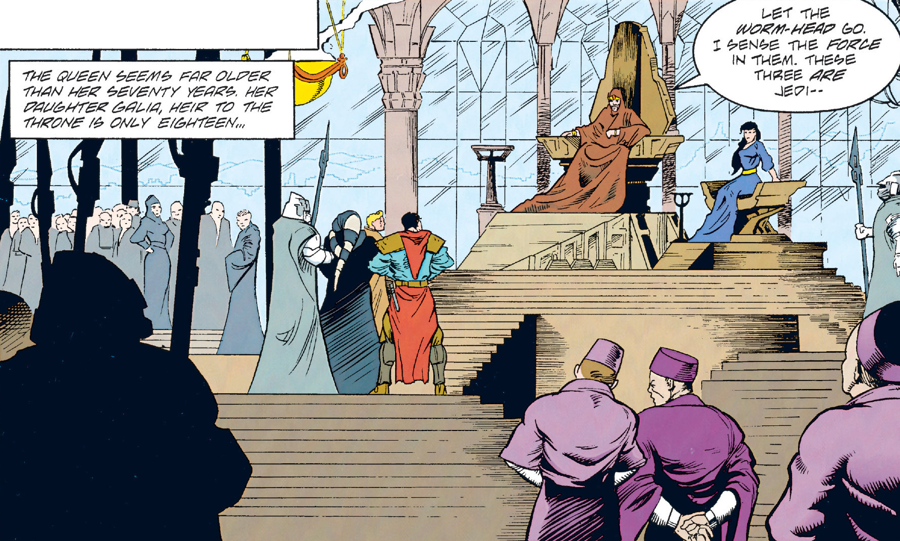 Ulic Qel-Droma, his brother Cay, and Tott Doneeta stand before Queen Amanoa in the Iziz Royal Palace.